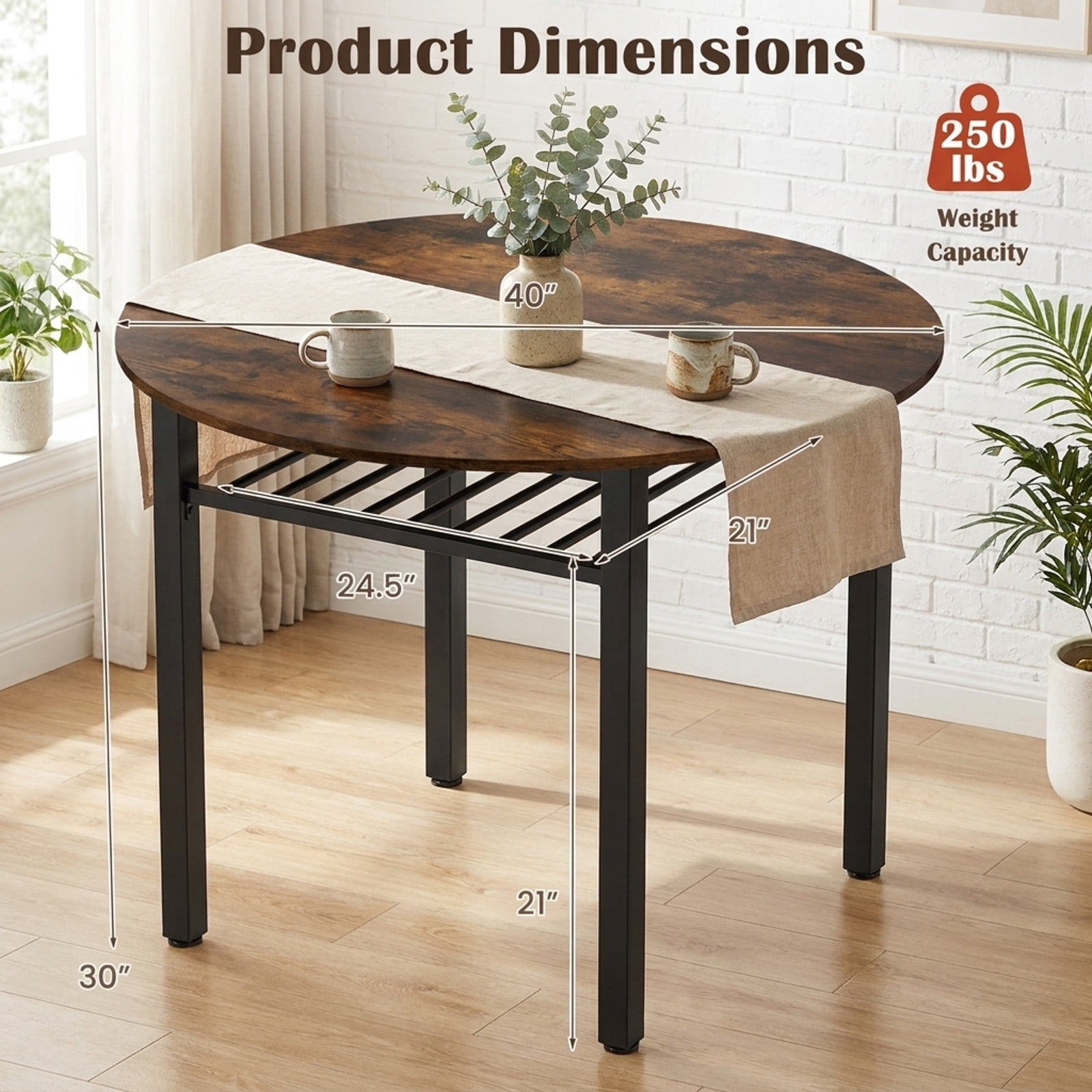 Furnibear 40 Inch Round Kitchen Dining Table with Storage Shelf and Metal Frame