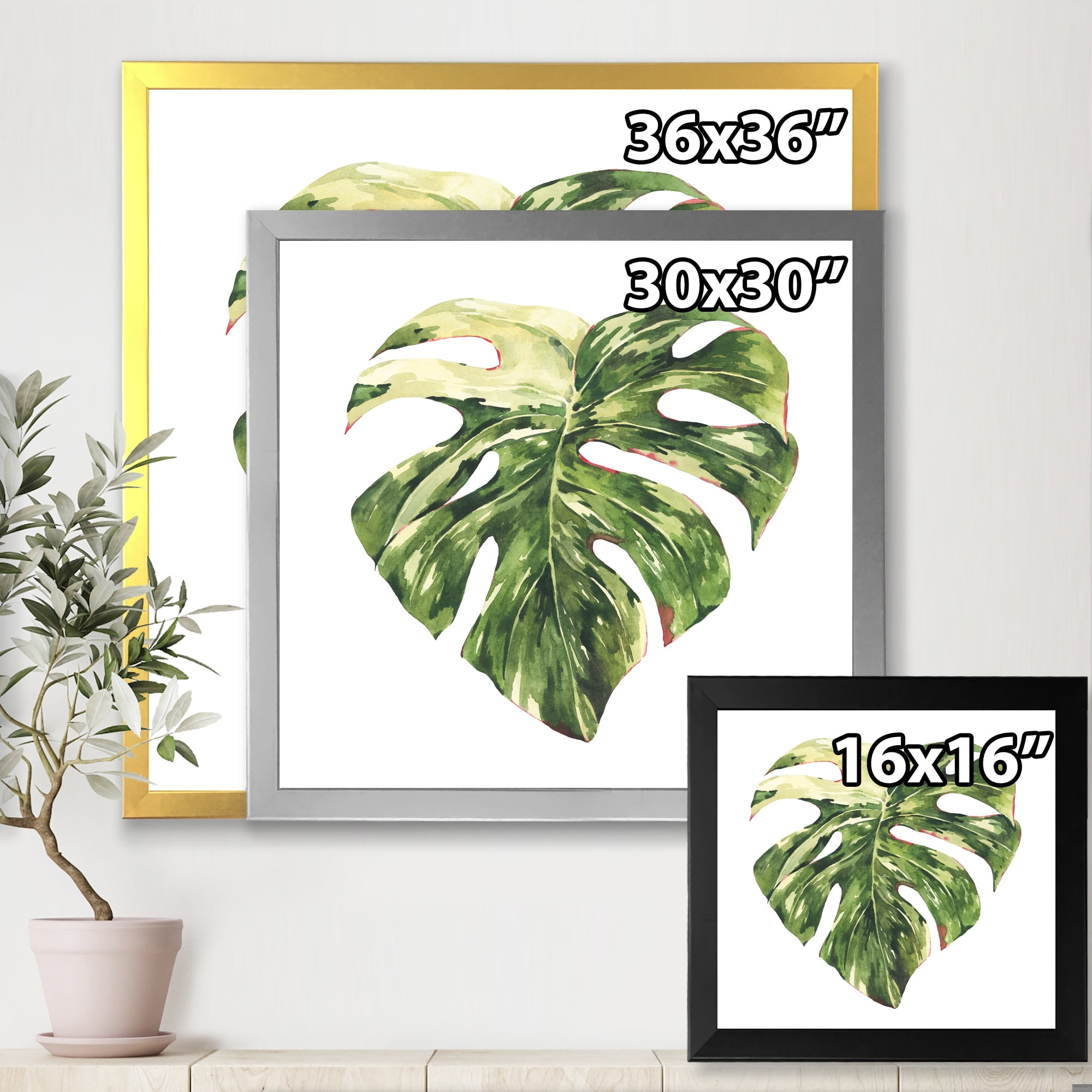 Designart 'Tropical Green Leaves On White In Summer Times III' Tropical Framed Art Print