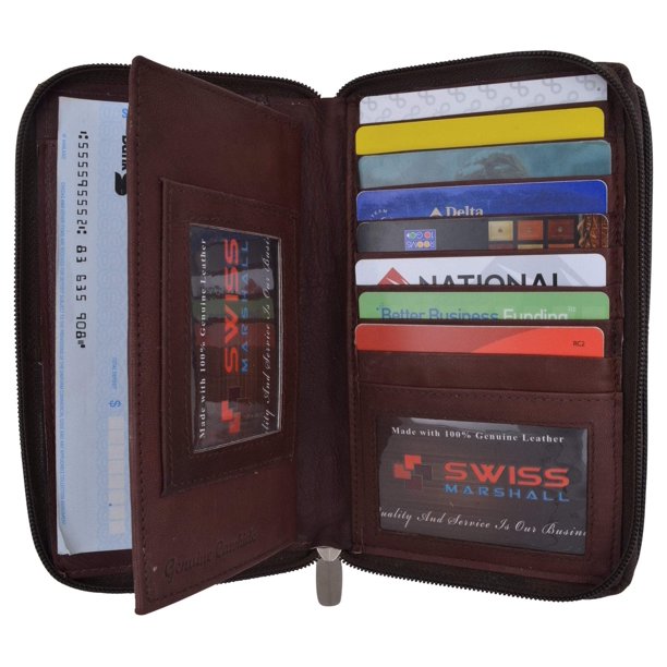 Womens Zip Around Genuine Leather Checkbook Credit Card ID Holder