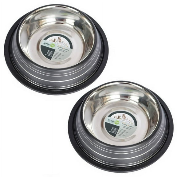 Iconic Pet 2-Pack Color Splash Stripe Non-Skid Pet Bowl, For Dog or Cat, Black, 16 Oz, 2 Cup