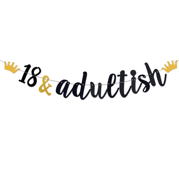 QIAOFEIS Fête de 18e Anniversaire Banner, Paillettes Noires, Joyeux 18 Ans, Temps pour Adulte, Santé à 18 Ans, Banner Rectangulaire en Papier pour Garçons/filles