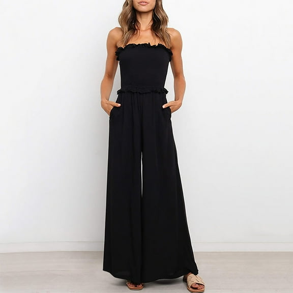 SELONE One Piece Jumpsuits for Women Dressy Pleated High Waist High Rise Wide Leg Casual Summer Slim Fit Long Pant Slimming Straps Pants Solid Jumpsuit Romper for Everyday Wear Running Work Black L