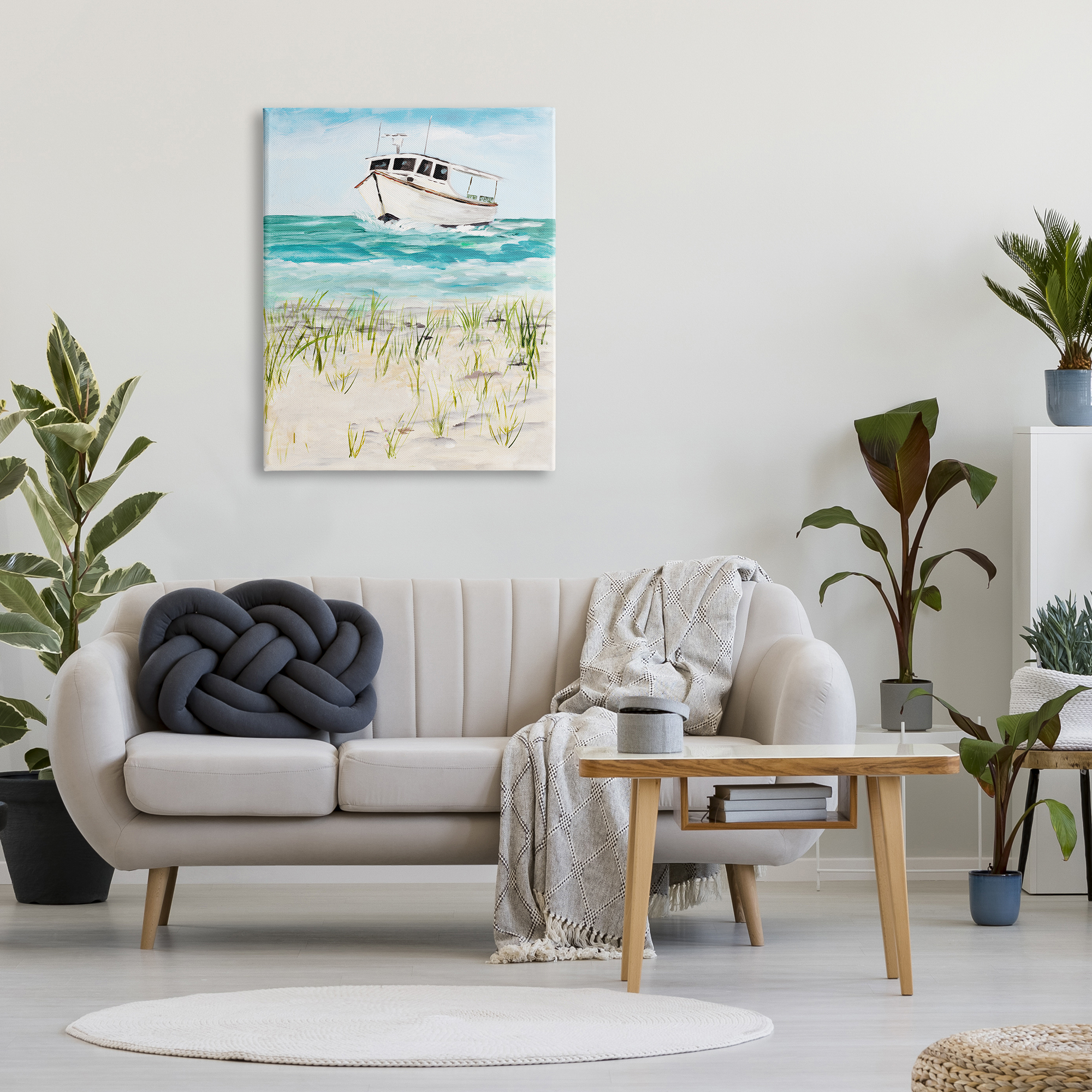 Stupell Industries Nautical Boat by Coast Grassy Beach Landscape Nature Painting Gallery Wrapped Canvas Print Wall Art, 30 x 40