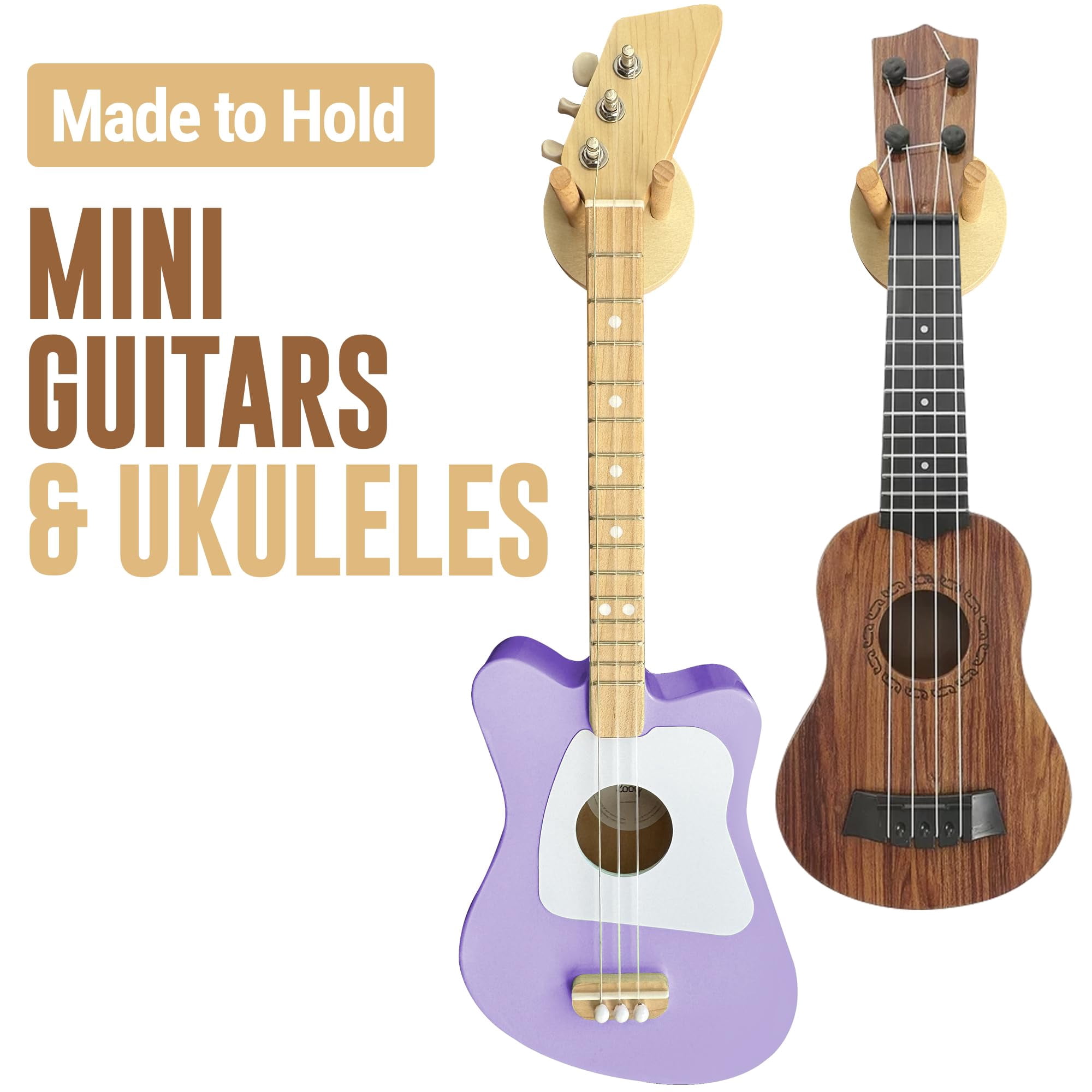 [2 Pack] Wall Mounts For Mini Guitars & Ukuleles - Wooden Hooks With Mounting Hardware Install In Minutes And Hang Confidence