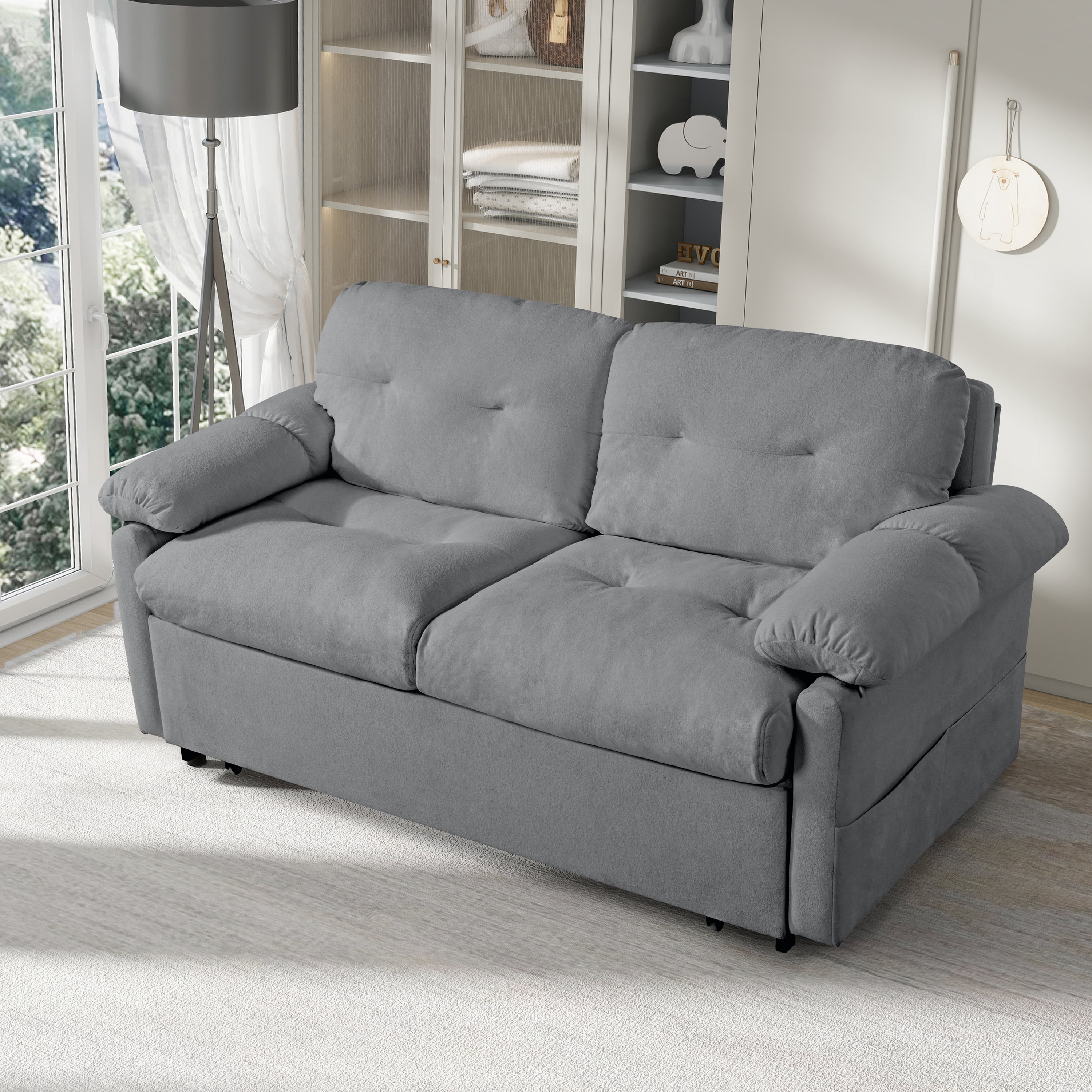 Convertible Pull-Out Queen Sleeper Sofa, 3-in-1 Sofa Bed with Side Storage & 8 Silent Casters, Thick Padded Chenille Loveseat for Living Room, Bedroom, Apartment, Grey