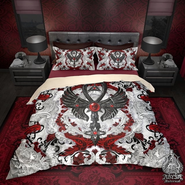 White Goth Bedding Set, Gothic Comforter or Duvet, Goth Bed Cover, Bedroom