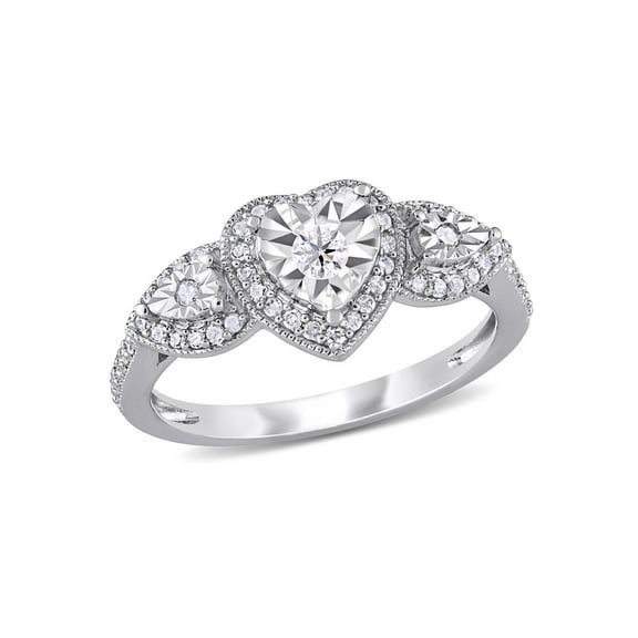 Gem & Harmony 3/10 Carat (Ctw) Diamond Three Stone Heart Ring in Sterling Silver for Women