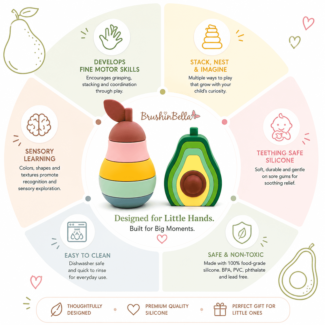 Avocado Stacker 6PC Toddler Toys, Baby Stacking Toys, Montessori Toys, Silicone Nesting Puzzle Blocks for Early Childhood Education, Army Green Series (Avocado/Pear), 6PCs