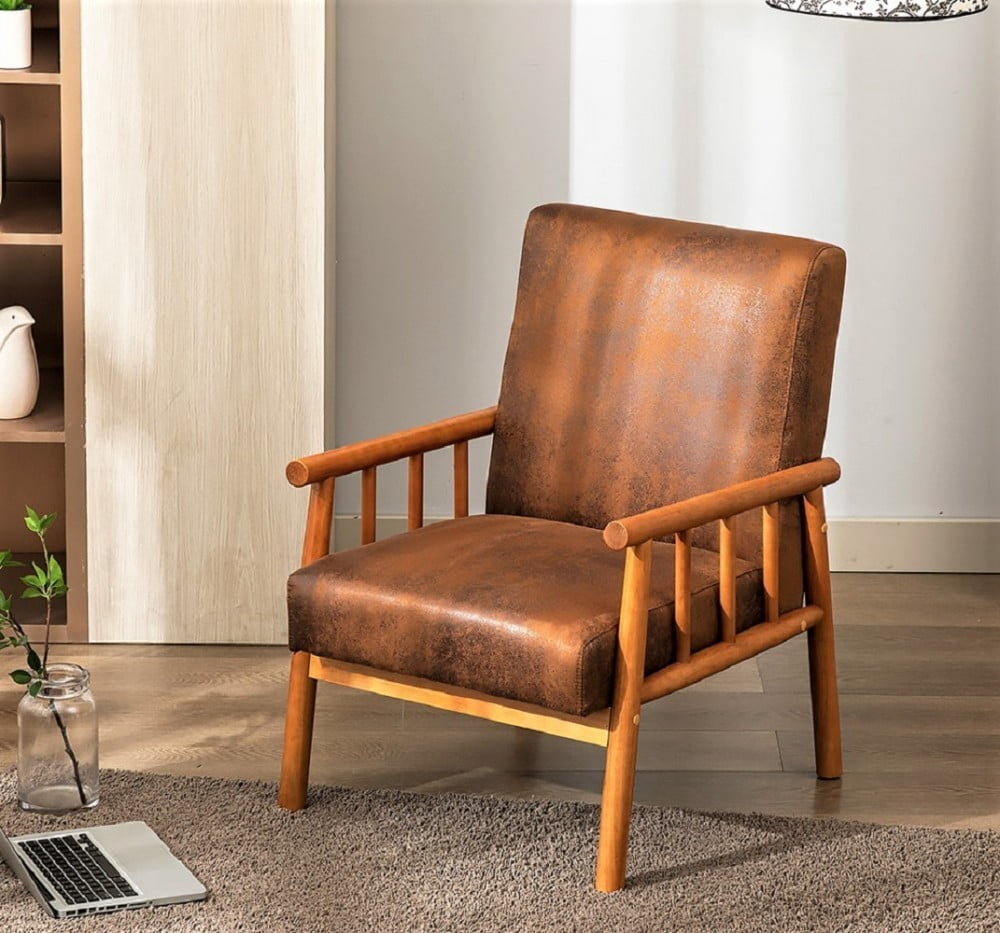 Mid Century Modern Accent Chair, 25" Wide Upholstered Armchair with Solid Wood Frame, Padded Seat & Arms, Dark Brown Lounge Chair for Living Room & Bedroom, Light Brown