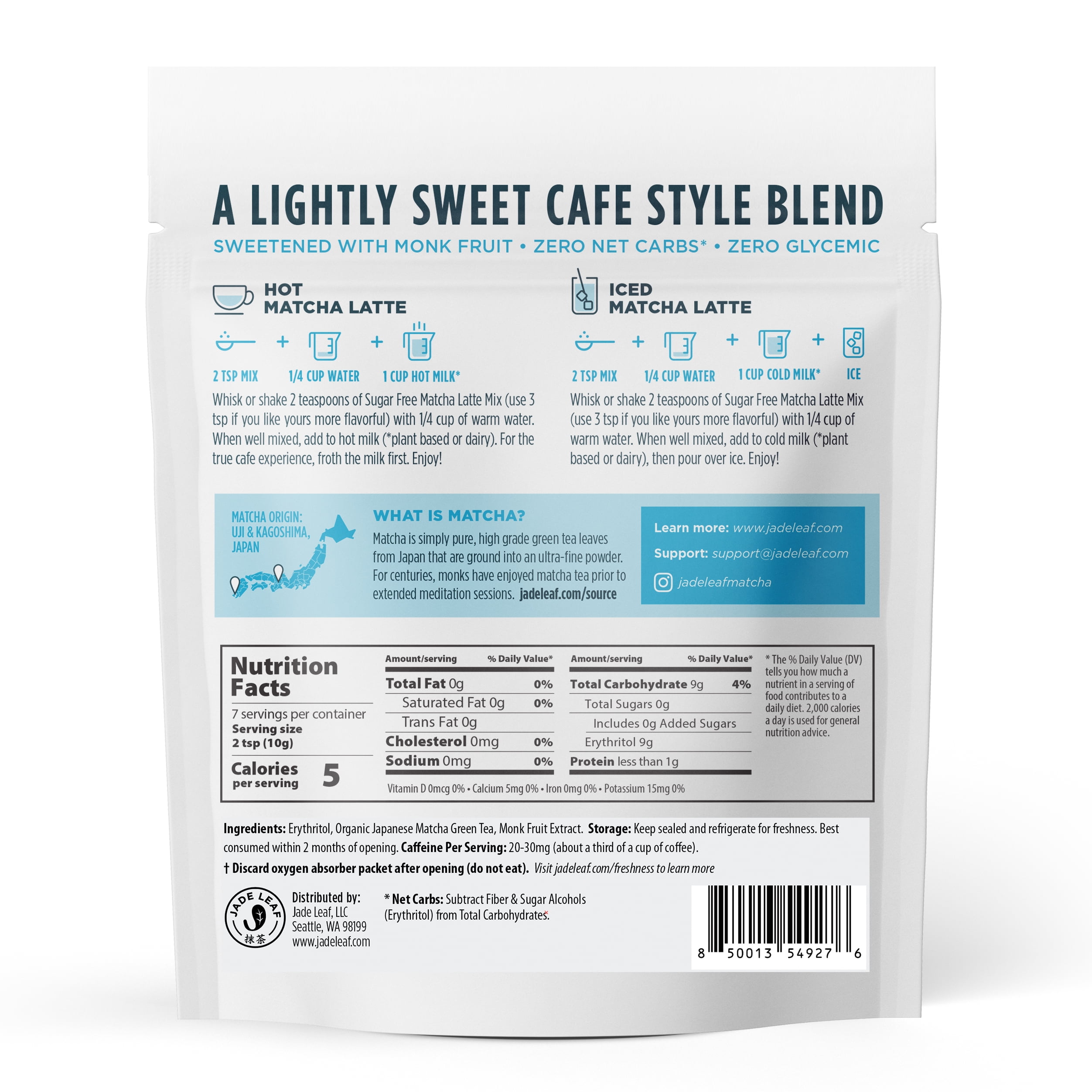 Cafe Style Sweetened Matcha Latte Mix - Sugar Free | Jade Leaf Matcha