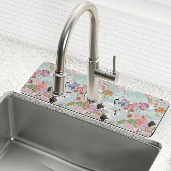 Yayeee Faucet Mat for Kitchen Sink 14.7" Diatomite Long Splash Guard Pad, Colorful Flowers Blossoms