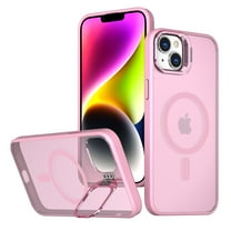 for iPhone 15 Matte Ultra Slim Protective Case with Camera Cover Kickstand, Translucent MagSafe Compatible Translucent Wireless Charging Phone Case for iPhone 15, Pink