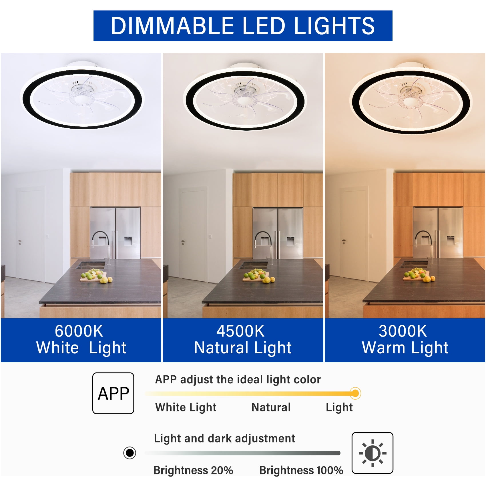 TCFUNDY 18" LED Ceiling Fan Light Kit, Low Profile Ceiling Fan with Light, Modern Style Chandelier, Remote & App Control, White