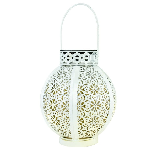 Northlight 7" White Integrated Floral Pattern Outdoor Solar Lantern with Handle