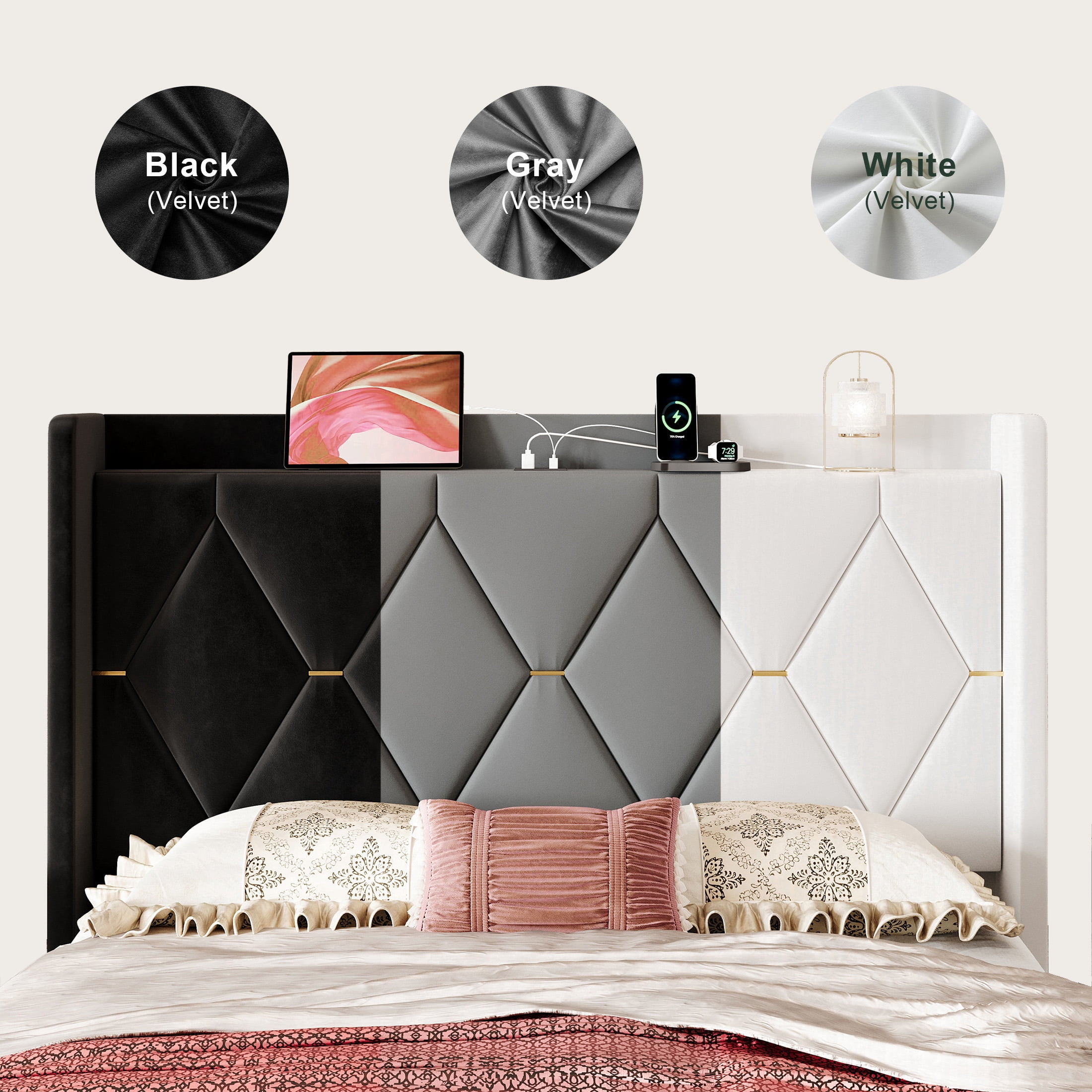 Amolife Full Bed Frame, Upholstered Platform Bed with Storage Wingback Headboard and Fast Charging Hub, No Box Spring Required, Gray
