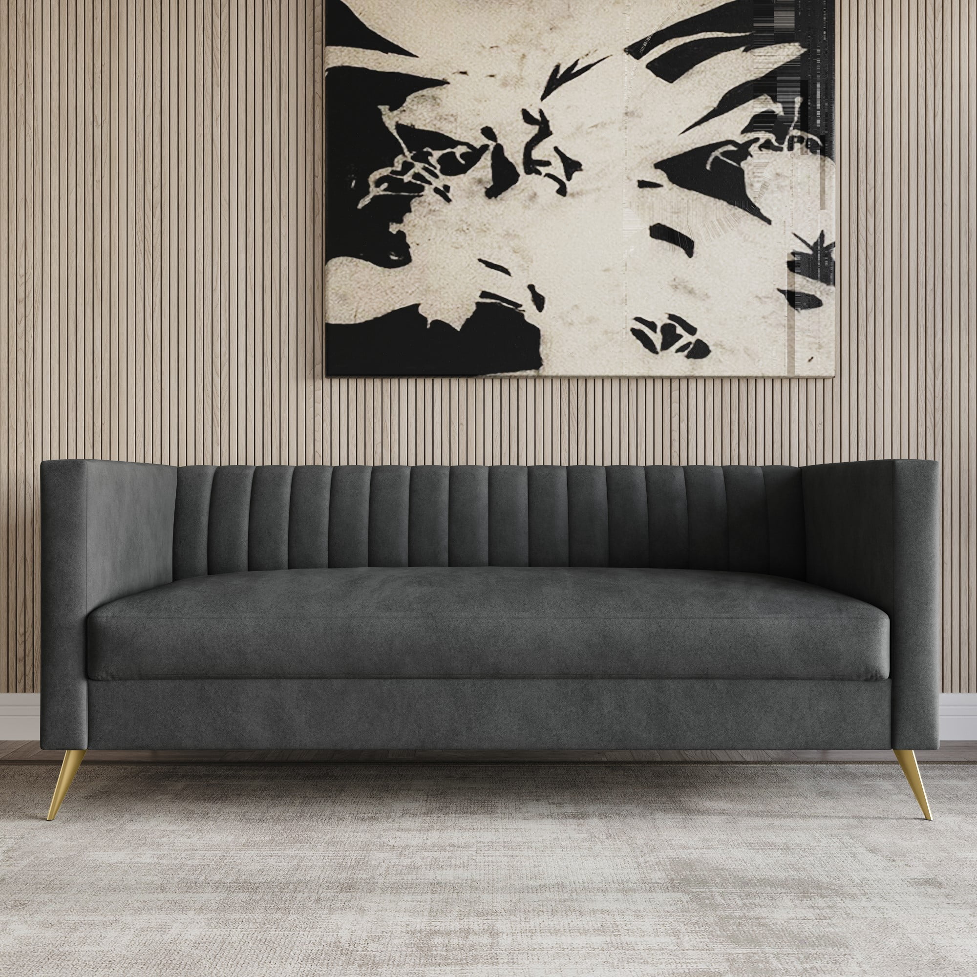 Home Design Weiss Velvet Square Arm Sofa with Channel-Tufted Back and Gold Metal Legs, Modern Upholstered Living Room Seating, Dark Gray