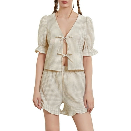 DondPO Womens Pajama Sets Women Tie Front 2 Shorts Set Plaid Puff Sleeve Peplum Shirt Ruffle Hem Pajama Set Striped Outfit Silk Pajamas For Women Womens Loungewear Set Brown 2XL Clearance