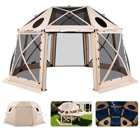 VEVOR Pop up Gazebo Screen Tent, 15 x 15 ft, 13-Sided Spherical Camping Canopy Tent with Removable Top & Carry Bag, Quick-Set & Bite-Proof, Screen House Sun Shelter for 12-15 Persons, Beige