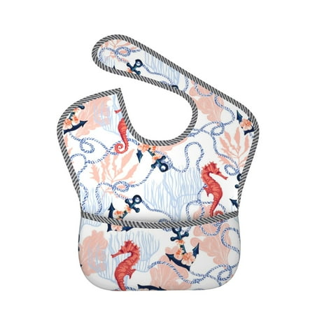 

Bingfone Mess-Proof Baby Bib - Waterproof Bib for Baby Boy or Girl with Food Catcher Pocket Unisex-Sea Horse And Corals