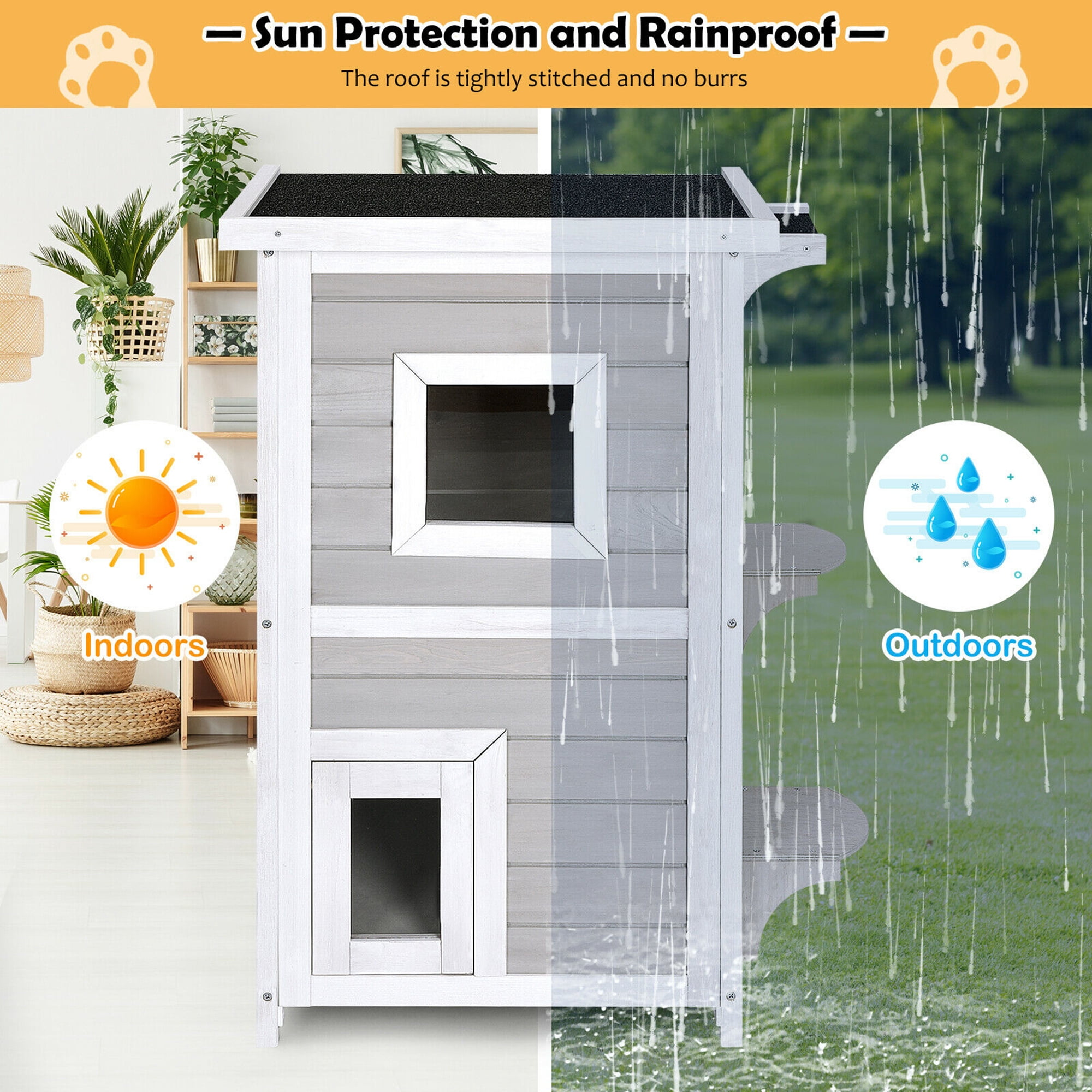Gymax 2-Tier Wooden Cat House Outdoor Kitty Shelter w/ Escape Door Rainproof