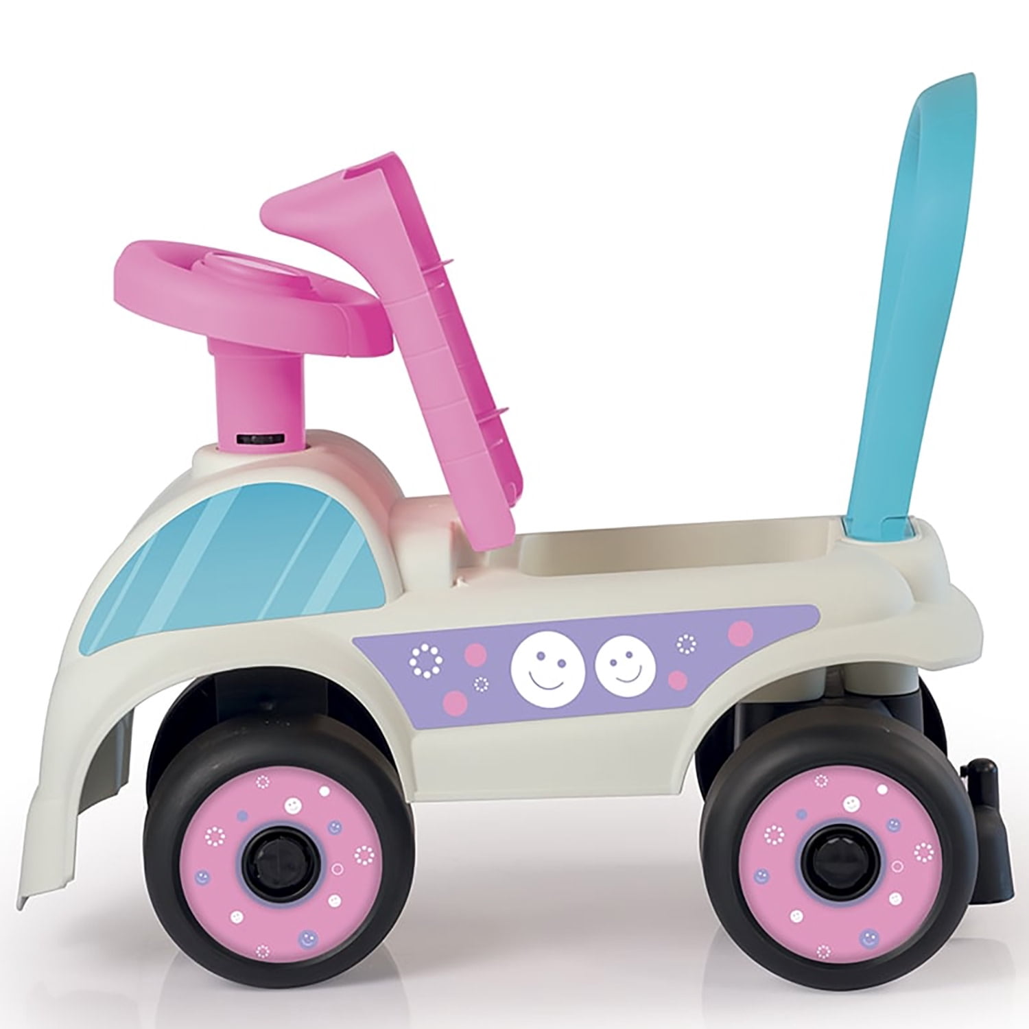 Dolu: Walk & Drive Foot to Floor Car - White & Pink - Ride-On Toy Vehicle, Horn, Storage Seat, Push-Pull Handle, Indoor-Outdoor Play, Toddlers 12mo+
