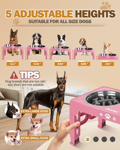 Elevated Dog Bowls, Dog Feeder with Stainless Steel Dishes & Slow Feeder Bowl, 5 Heights Adjustable Raised Stand for Medium Large, Food Dishes with Non-Slip Feet
