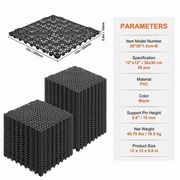 VEVOR Interlocking Tile 50PCS, Drainage Tiles 12" x 12" Splicing, Soft PVC Interlocking Drainage Floor Tiles, Non-Slip Drainage Holes for Restroom, Bathroom, Kitchen, Pool, Wet Areas