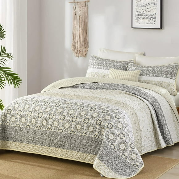 Juego de edredón WONGS BEDDING, estilo bohemio, tamaño queen, beige, a rayas, 3 piezas