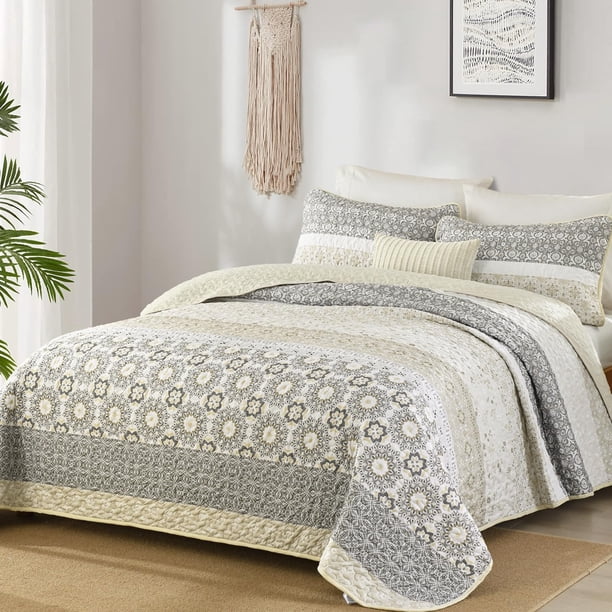 Juego de edredón WONGS BEDDING, estilo bohemio, tamaño queen, beige, a rayas, 3 piezas