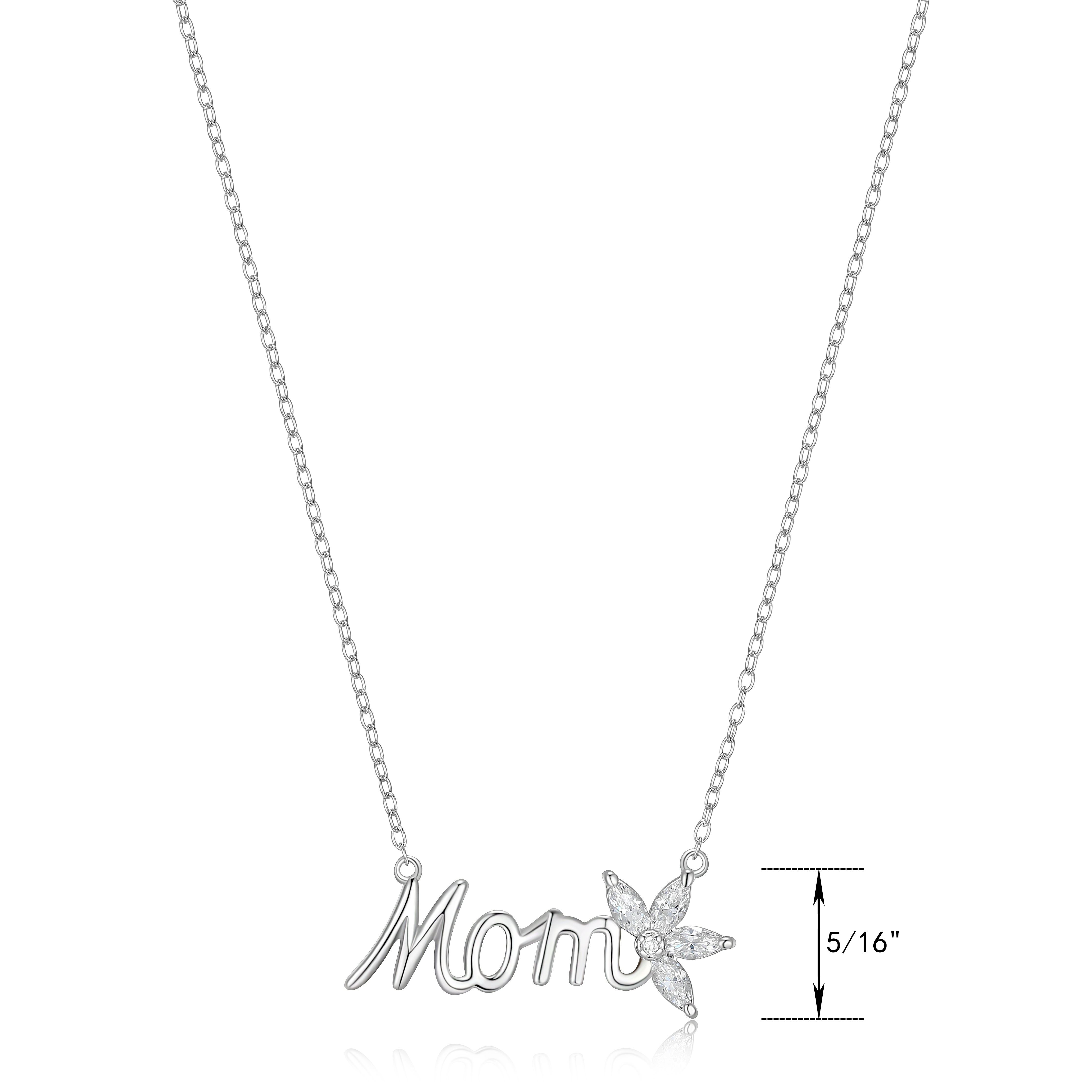 Forever Facets Women's 925 Sterling Silver "Mom" and Marquise Cubic Zirconia Flower Necklace Gift for Her