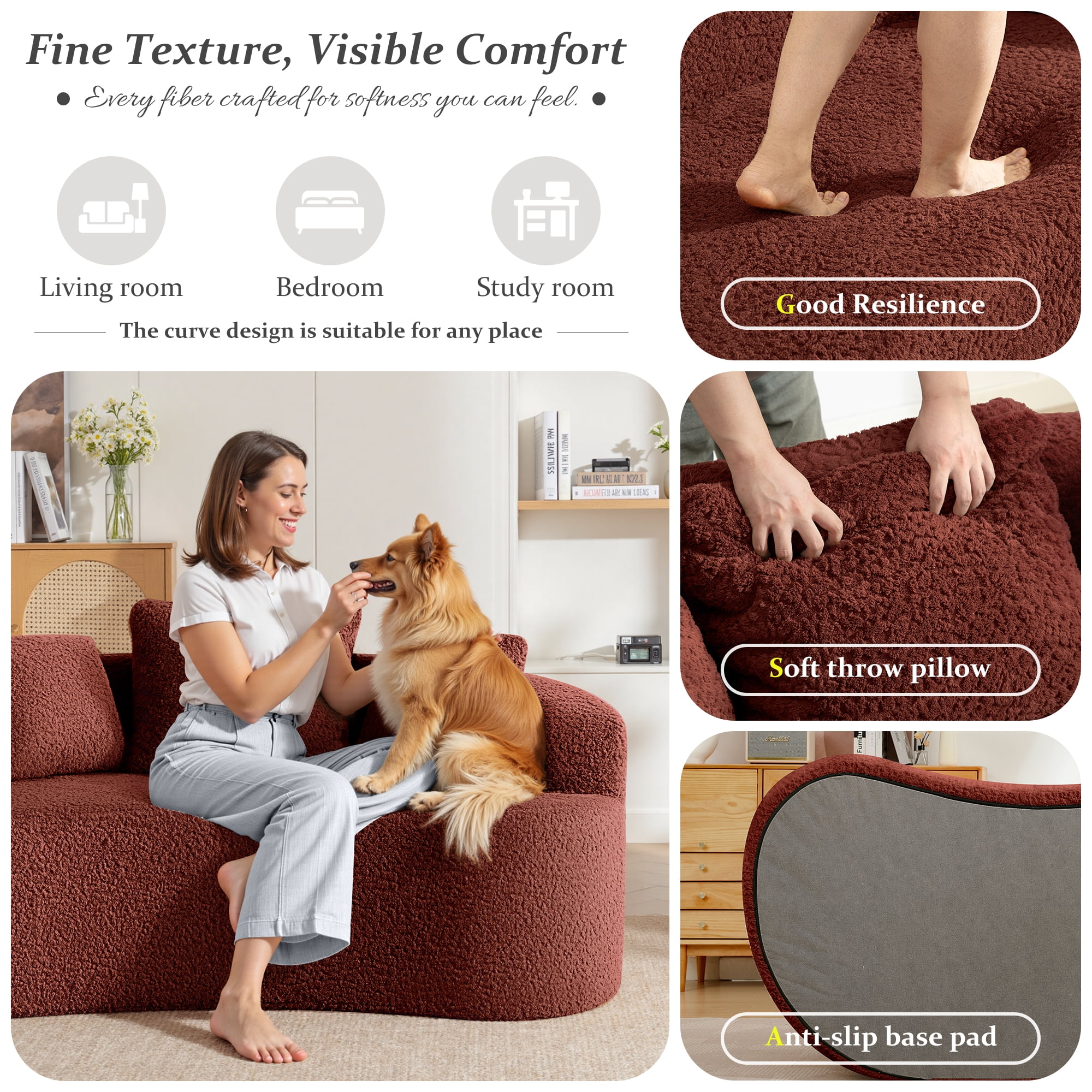 COOLHUT 65" 3 Seater Sofa Couch, Plush Floor Sofa Couch with Cozy Cushions & 3 Pillows, Curved Back Teddy Fabric Sofa for Living Room, Small Space, Red (Sofa-in-a-Box)