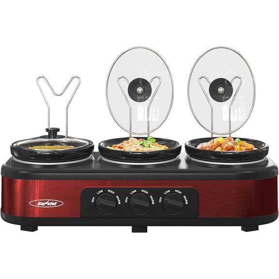 Triple Slow Cooker 3 Pot Food Manual Slow Cooker Lid Rest Removable Ceramic Pot
