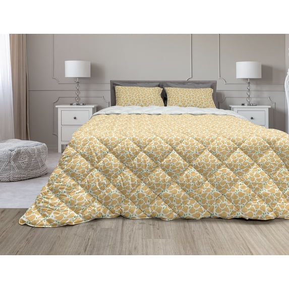 Fruits Comforter & Sham Bedding Set, Repeating Layout of Pears Freshly Picked Juicy and Healthy, 3 pcs Duvet Set Microfiber Filling Quilt, 5 Sizes, Pale Orange Lime Green, by Ambesonne