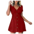 thumbnail image 2 of Dasayo Casual Dresses for Women Wear-to-Work Red Short Sleeve Shirt Dress Mini Solid V Neck Dresses L, 2 of 5