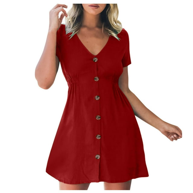 Robe d'Été pour Femmes avec Manches Femmes Été Vacances Col en V Uni Bouton Taille Hauts Robe Vacances Robe pour Femmes Été Robe en Lin pour Femmes Été Hauts d'Été pour Femmes avec Manches