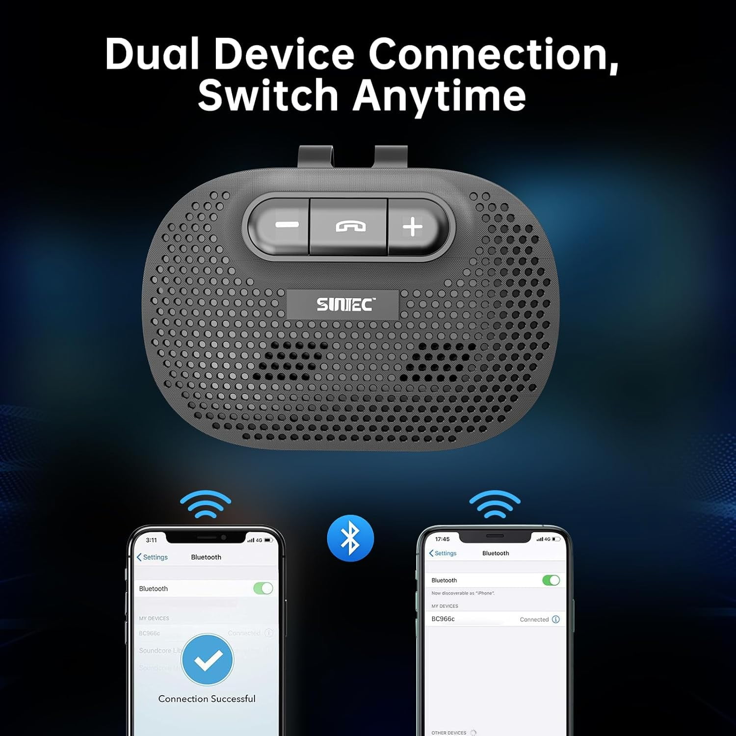 Sunitec Bluetooth Handsfree Car Speaker for Cell Phone with Visor Clip, Wireless Talking Kit, Noise Reduction, Black, BC966C