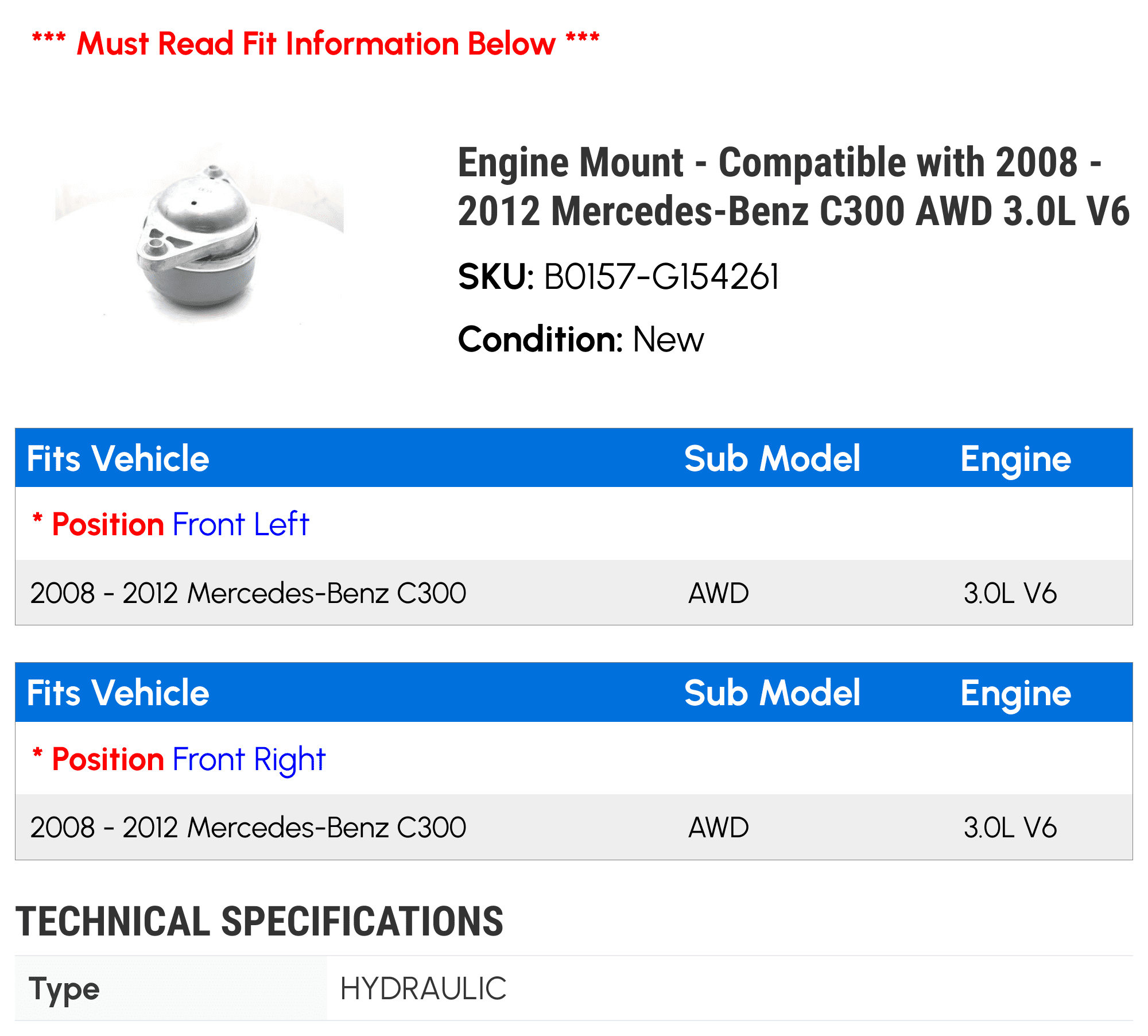 Engine Mount - Compatible with 2008 - 2012 Mercedes-Benz C300 AWD 3.0L V6 2009 2010 2011