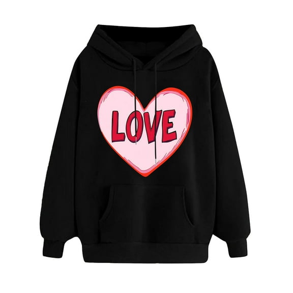 Goodeals Reduced,Love Letter Printed Hooded for Women Oversized Fleece Long Sleeve Comfy Shirts Cute Valentine's Day Pullover Tops(Black,S)