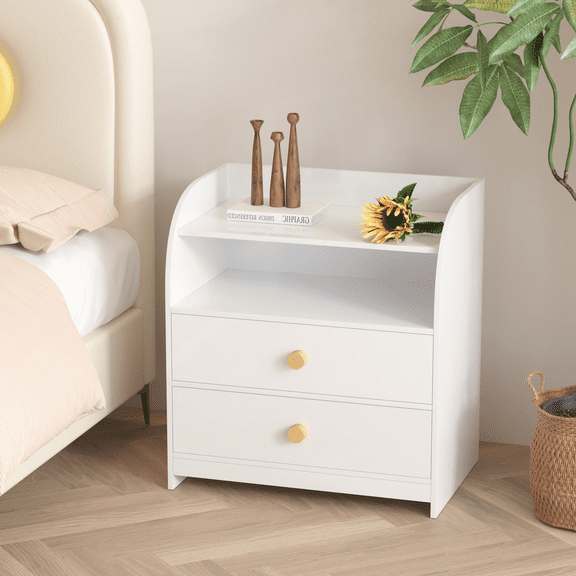 Leumius White Nightstand with 2 Drawers and Open Shelf,Curved Side Panel Wood Bedside Table for Bedroom/Living Room