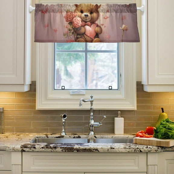Bear Roses Flowers Butterflies Curtain Valances Farmhouse Design Window Treatment Decor Blackout Rod Pocket for Windows Living Room Kitchen 54" x 18"
