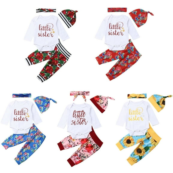 4PCS Newborn Baby Girls Little Sister Romper Pants Leggings Outfits Set Clothes