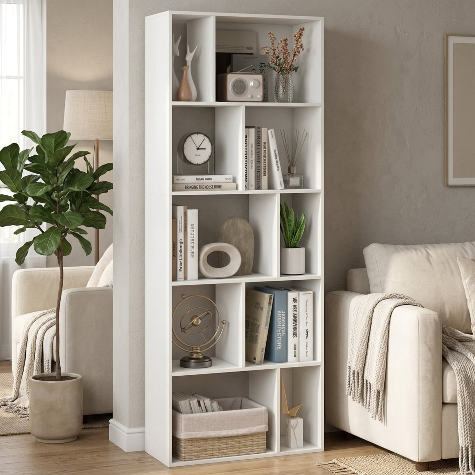 Furnibear 63 Inch 5-Tier Geometric 10-Cube Bookshelf Tall Bookcase for Living Room Home Office Bedroom Display Storage Shelf, White