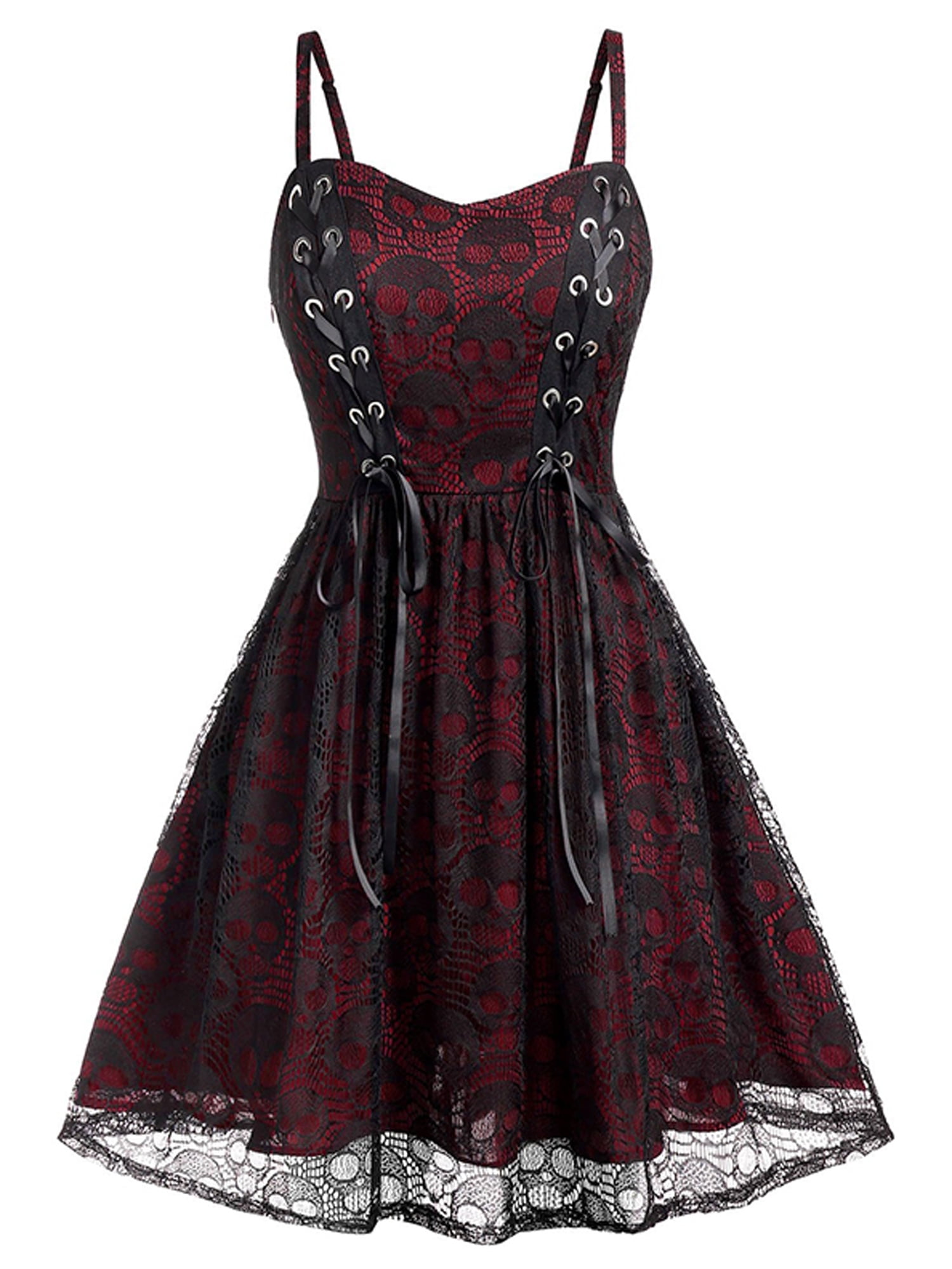 Gothic Vintage Dresses for Women Halloween Skeleton Print Lace Sling Midi Dress