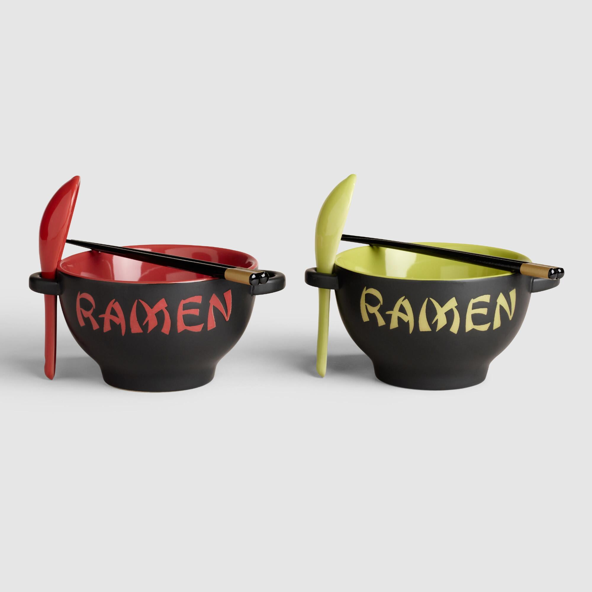 World Market Japanese Ceramic Ramen Bowl Set of 2 Red and Green with