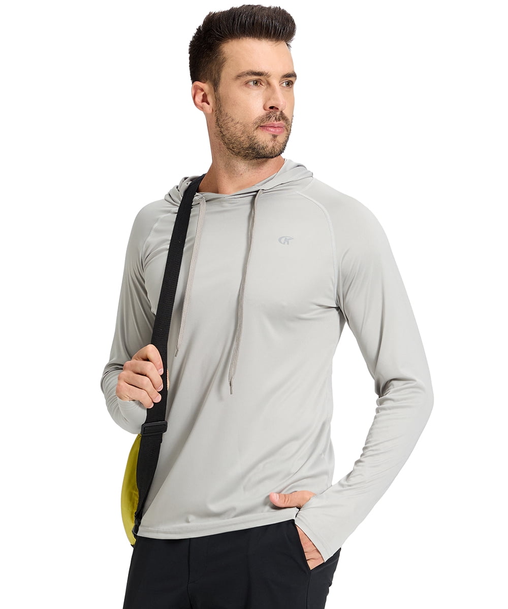 Satankud Men's UPF 50+ Long Sleeve Sunscreen Hoodie UV Sun Protection Hoodie with Thumbholes for Workout Fishing Hiking Sports Long Sleeve Hoodie Light Grey L