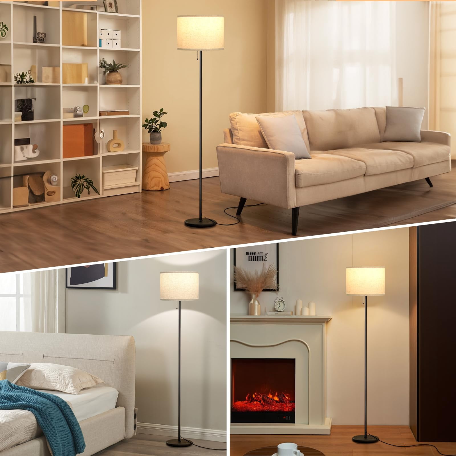 Modern Standing Floor Lamp For Living Room & Bedroom With 3 Color Temperatures Bulb Pull Chain  60" Tall Beige Shade Black Pole