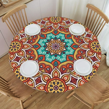 

Datura Round Geometric Polychrome Geometric Tablecloth with Elastic Edge Holiday Dinner 40 -48 24jl13caA97