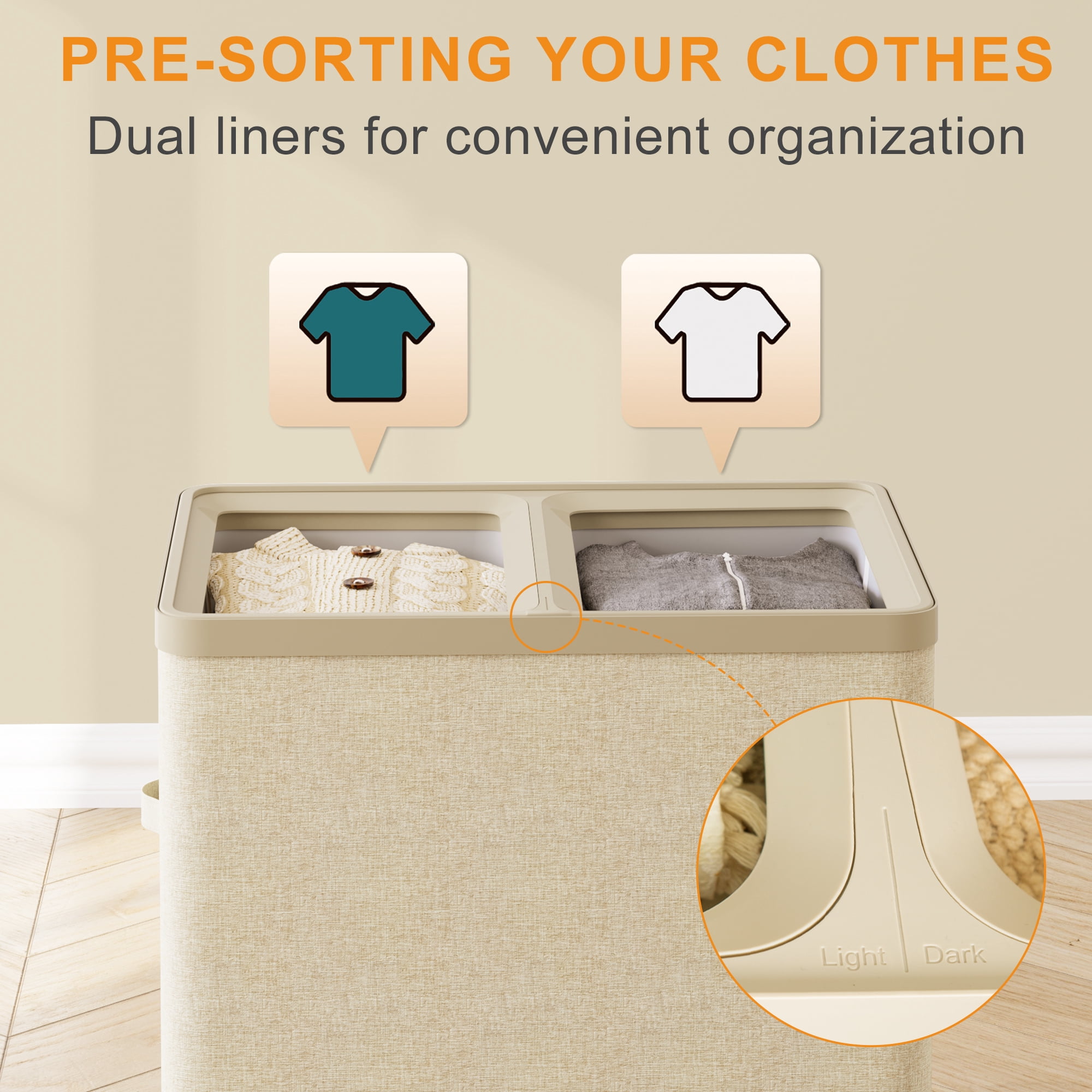 BGTREND 150L Double Laundry Hamper with Lid, 2 Removable Washing Bags with Handles, Large Clothes Sorter for Easy Separation (Beige)