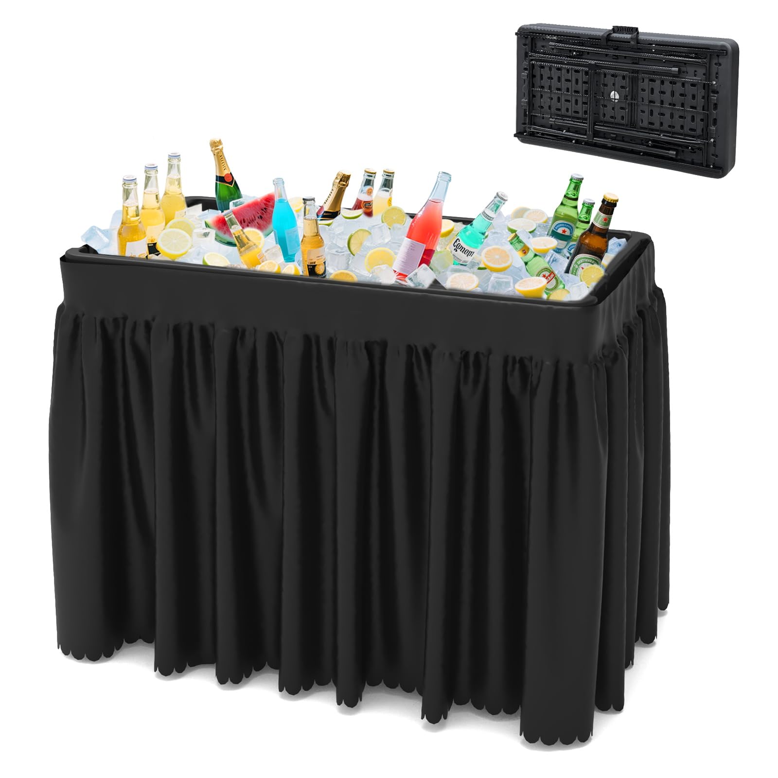Party Outdoor Cooler Table, Black Skirt &Drain Hose Plastic Chill Table to Keep Drinks Cool, Portable Foldable Self-Serving Beverage Ice Cooler Bar for Wedding, Picnics, Barbecues, Fishing