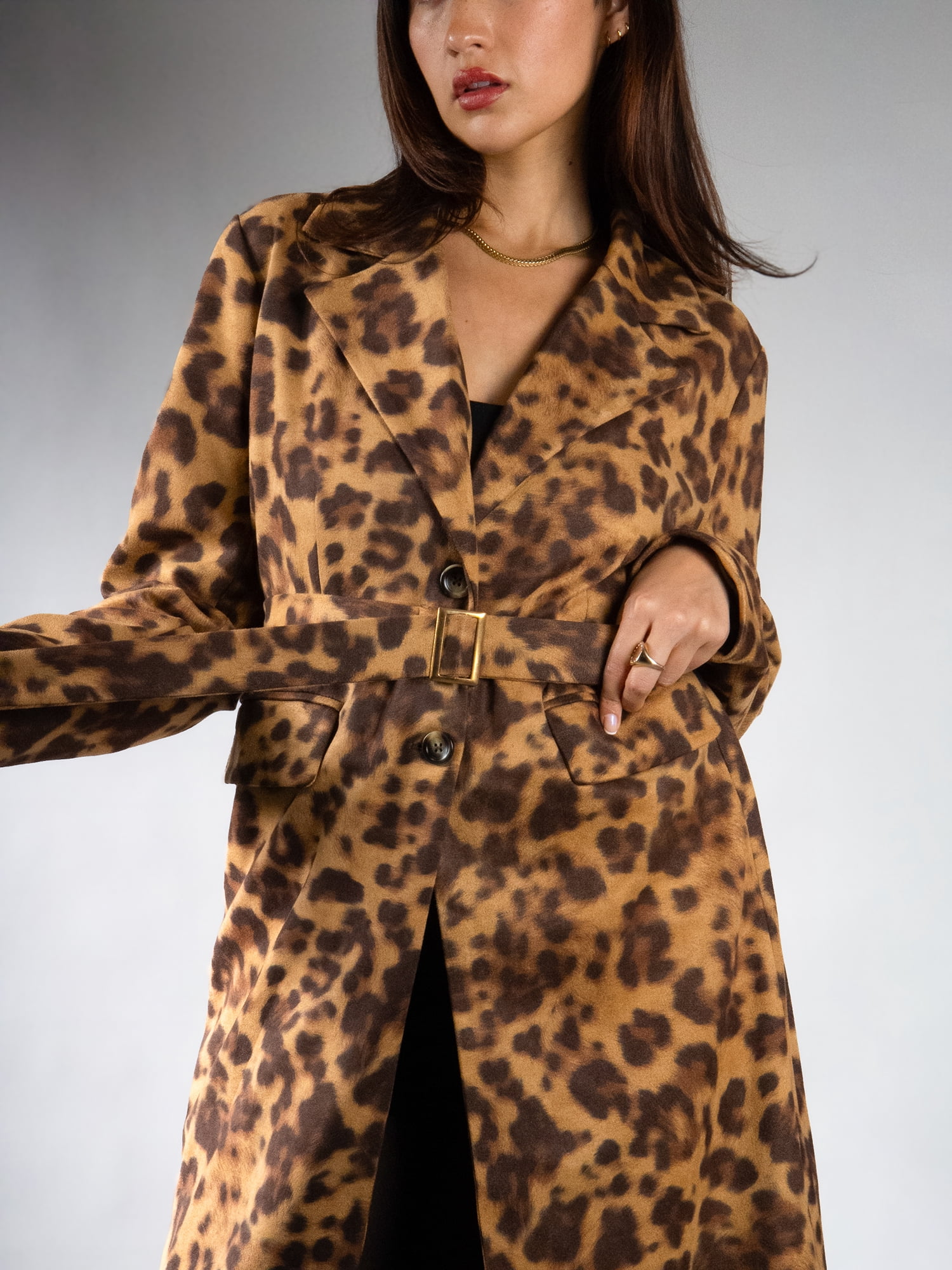 DARING DIVA Women's Fashionable Animal Print Trench Coat S Brown